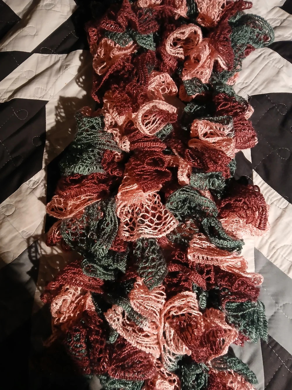 Ruffled Crochet Scarf in Rose, Forest Green & Burgundy